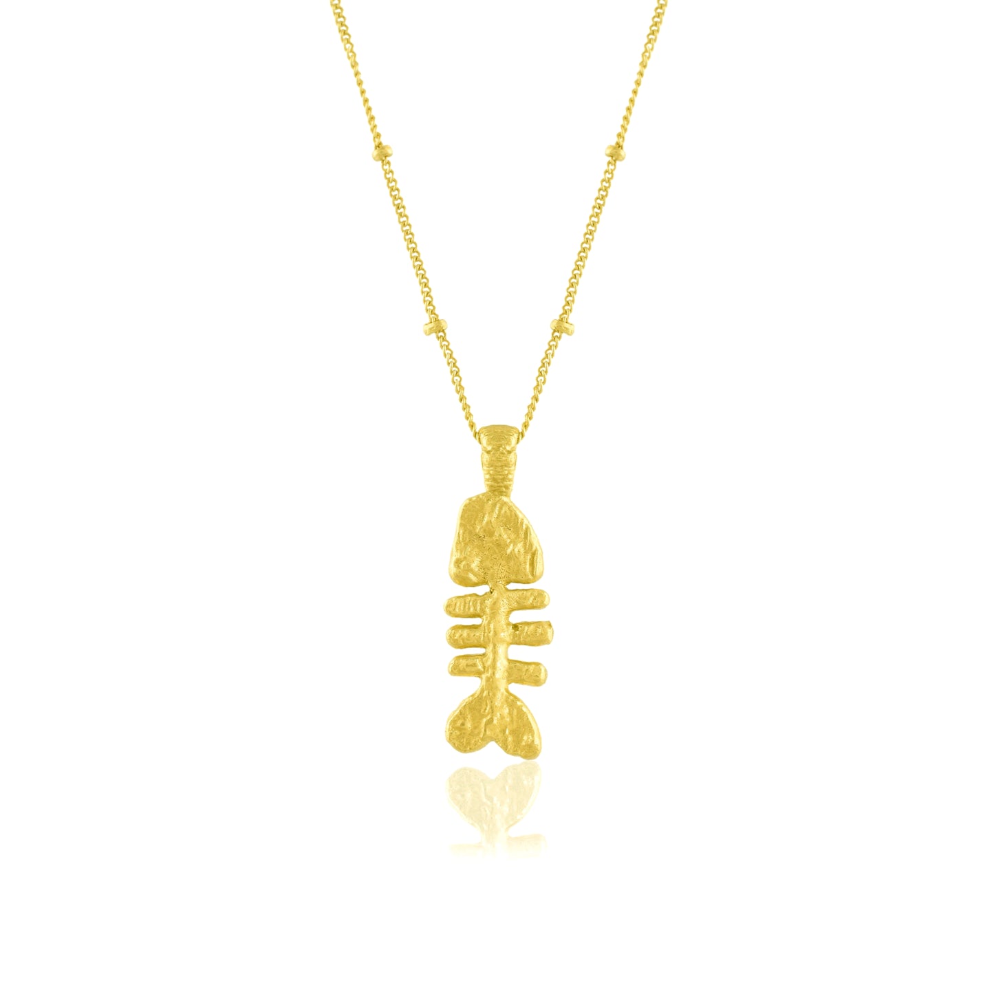  fish bone pendant necklace on a white background. Fish bone pendant  plated in real 22kt gold.