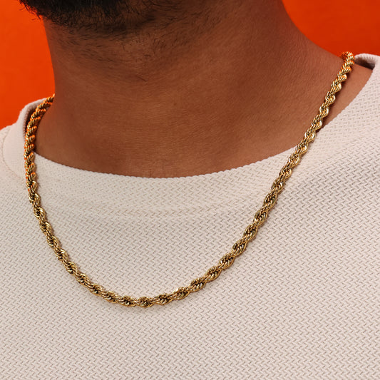 Rope Design Silver Chain worn by a model against an orange background.
Gold plated Nechain for mens