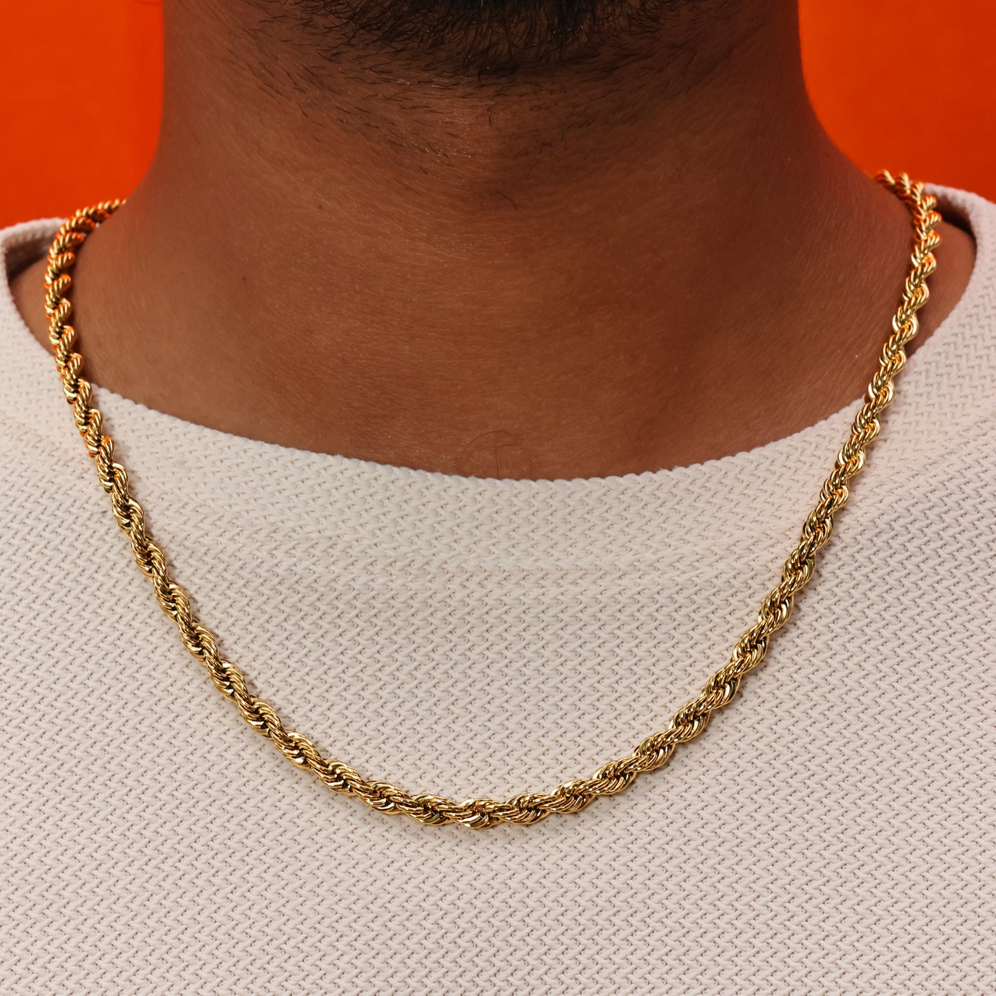 model shot wearing Forged Rope men's Chain By arvino. Gold plated neckchain by arvino
