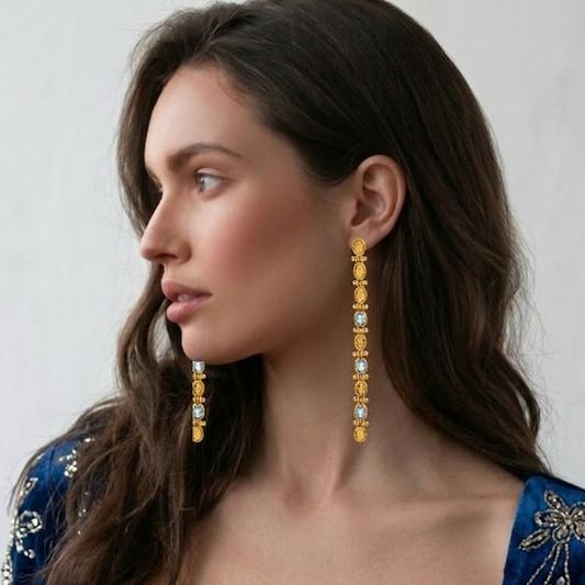 Vintage Gold & Blue Topaz Long Drop Earrings
