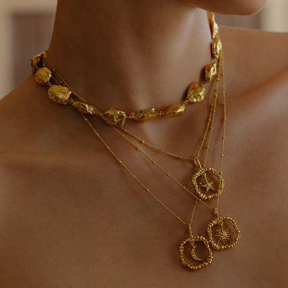 Model wearing a Stack of Gold plated Granulated Necklace By Arvino