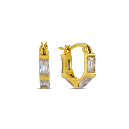 A pair of gold-Plated  sterling silver hoop earrings with rectangular cut clear cubic zirconia stones.
