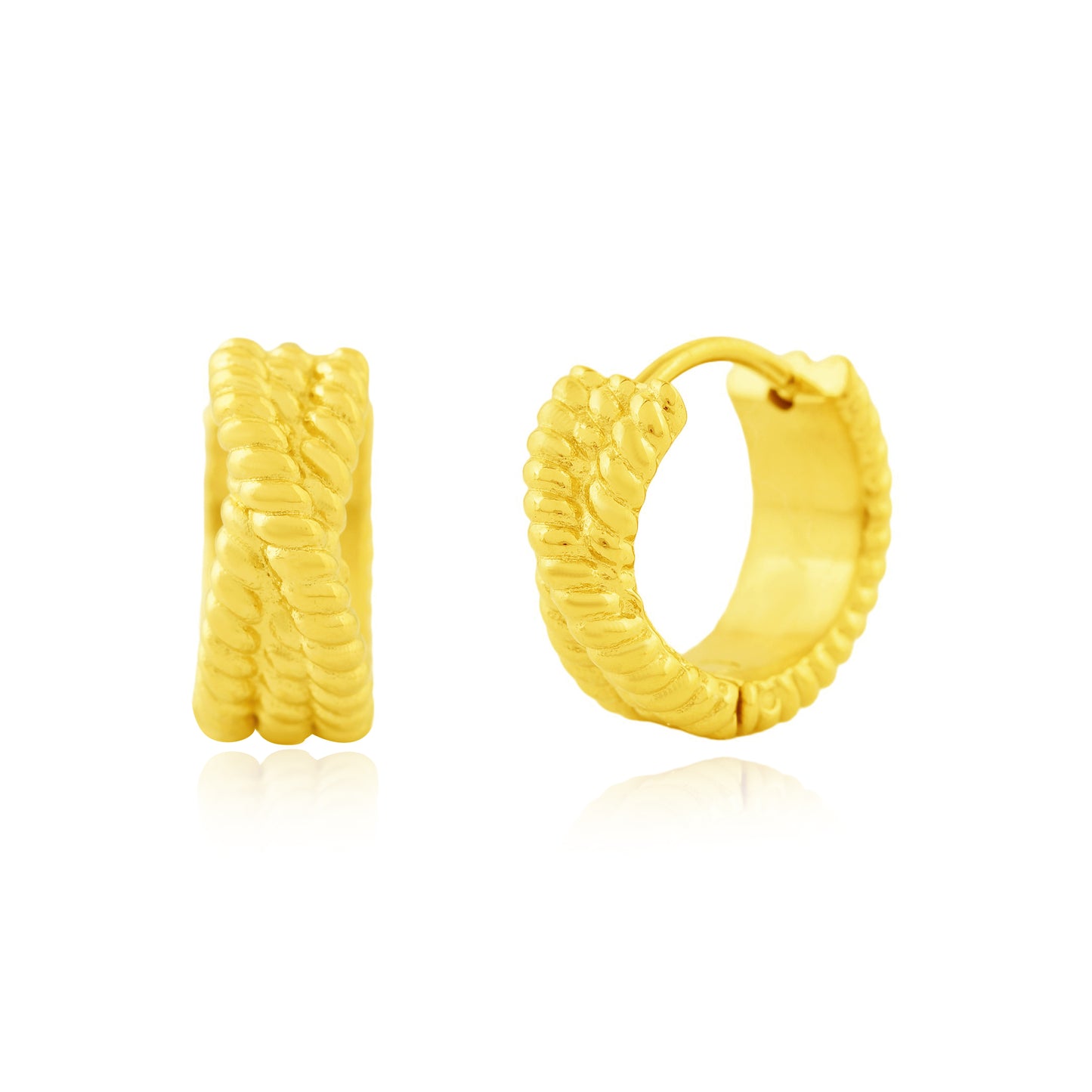 Gold hoop earrings with textured design on a white background