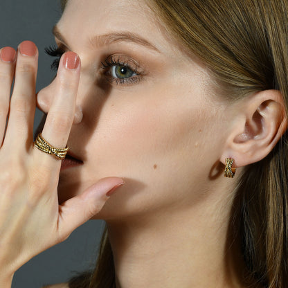 Model stacking Intertwined Rope Earring with Intertwined Gold plated ring by arvino
