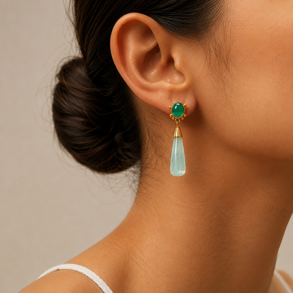 Green Onyx and  Amazonite Long Drop Gold Earrings