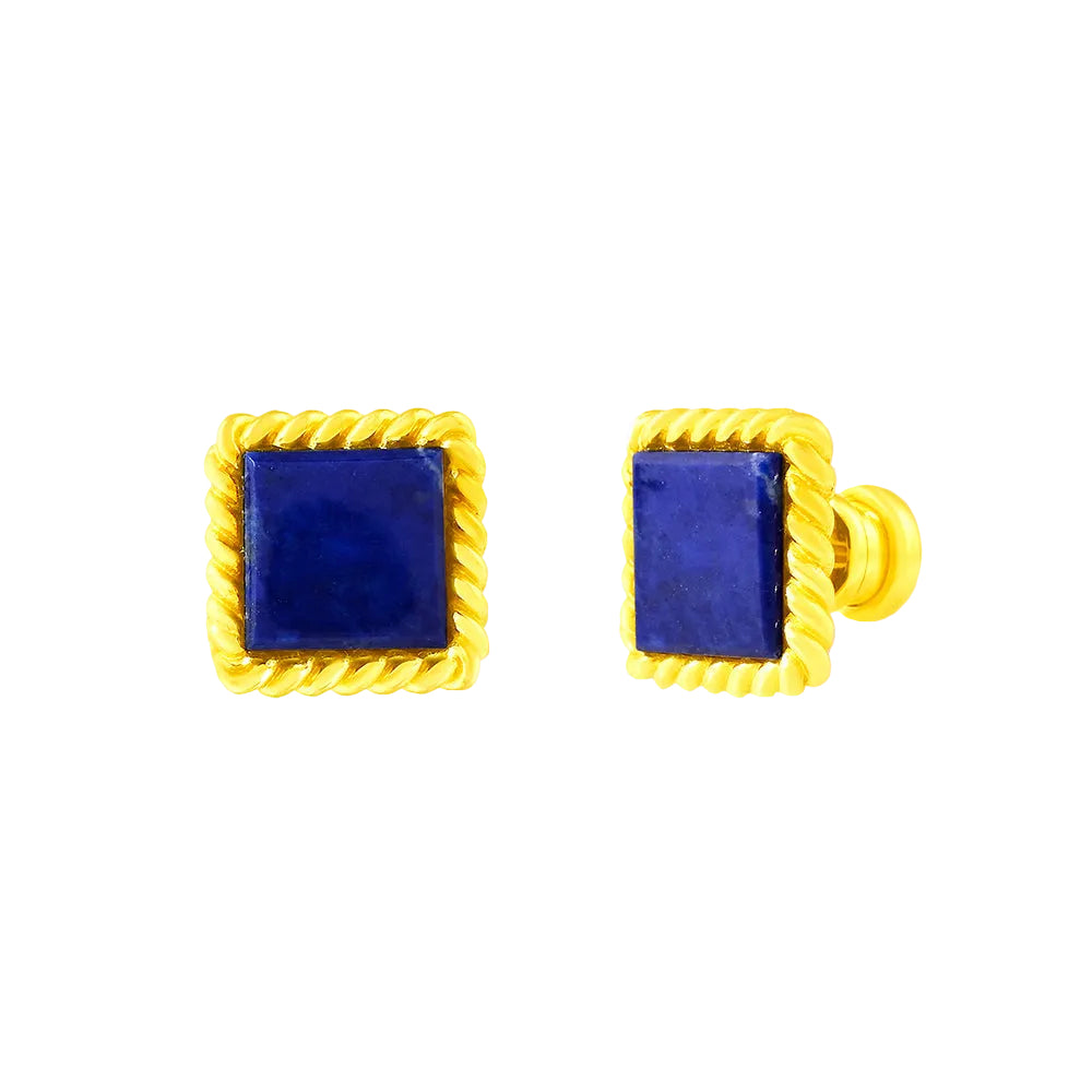 Pair of gold plated square Stud Earrings with blue stones on a White background