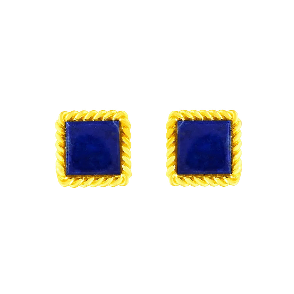Pair of square blue earrings with gold frames on a white background