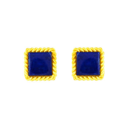 Pair of square blue earrings with gold frames on a white background