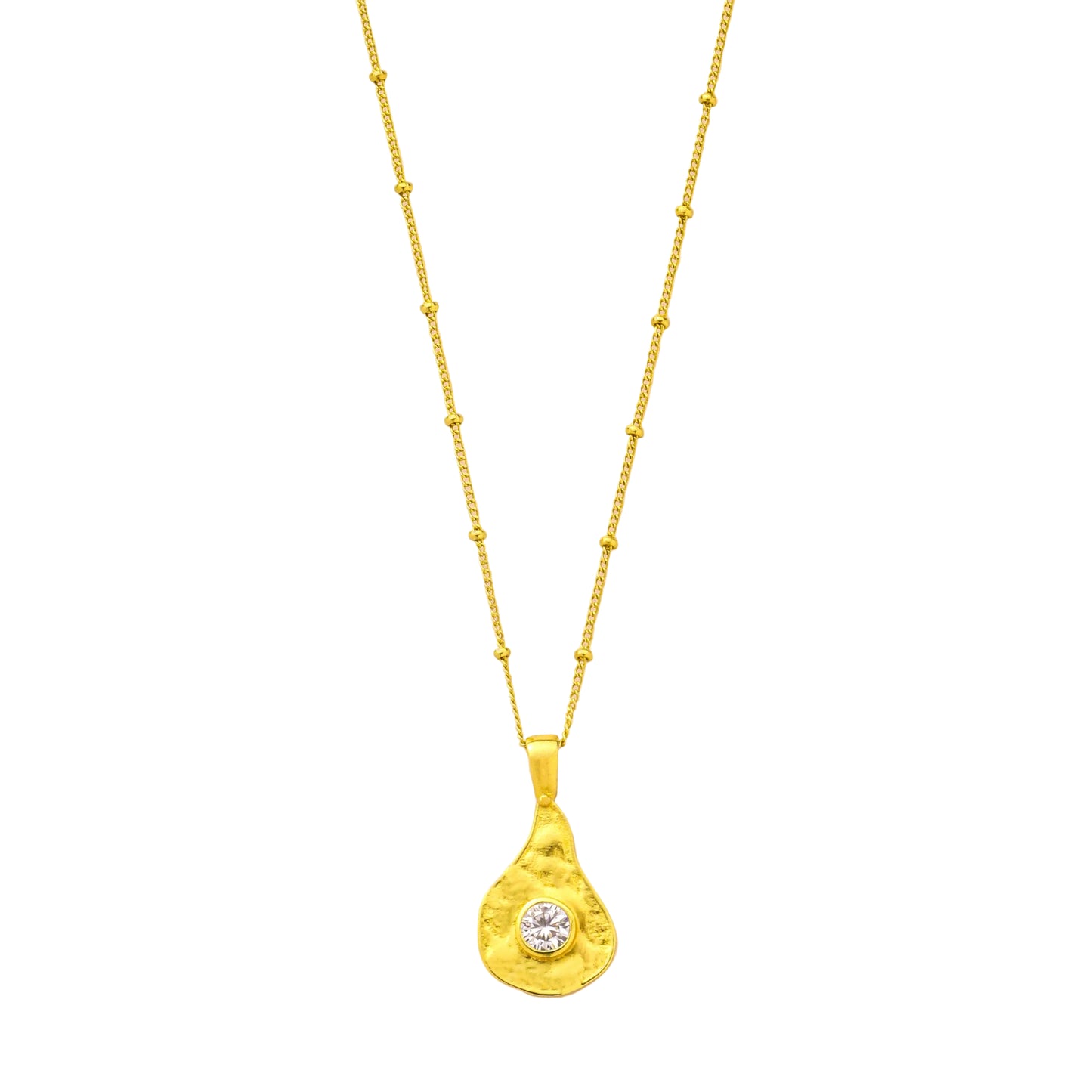 Gold Plated necklace with a teardrop-shaped pendant on a White background