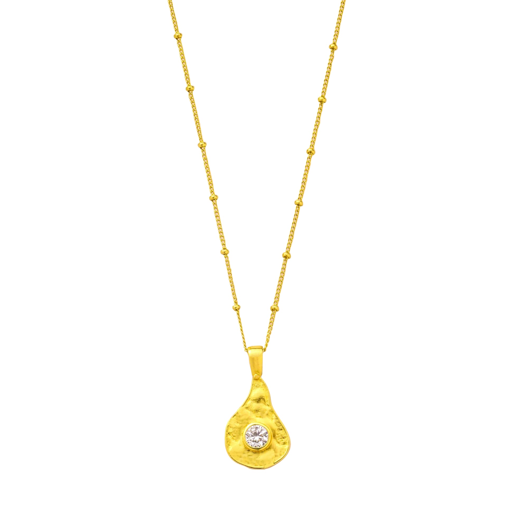 Gold Plated necklace with a teardrop-shaped pendant on a White background