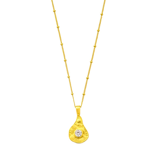 Gold Plated necklace with a teardrop-shaped pendant on a White background