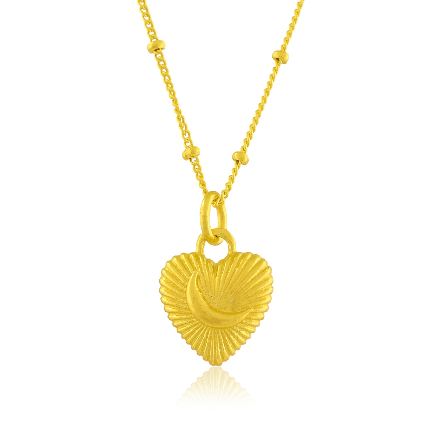 Gold heart-shaped pendant necklace on a white background
