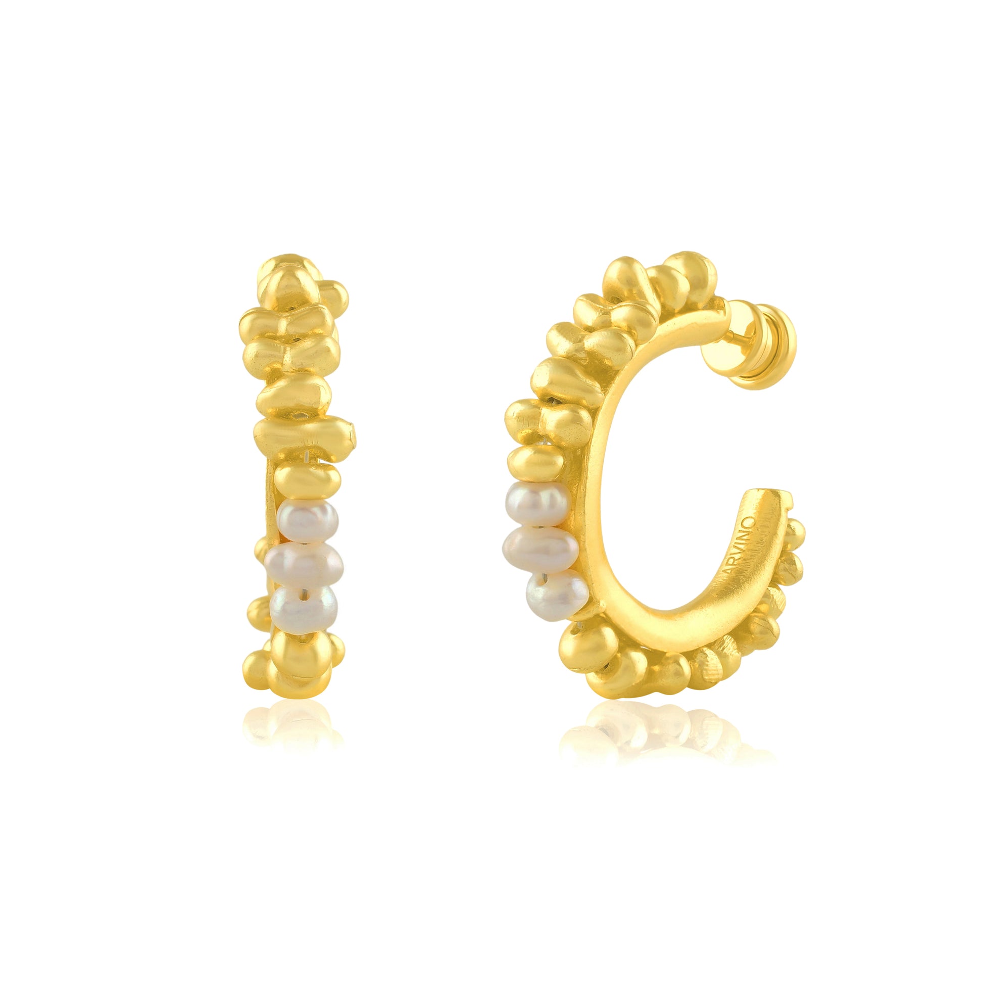 Close up Shot of Pearl Pallet Hoop Earrings By arvino on white background