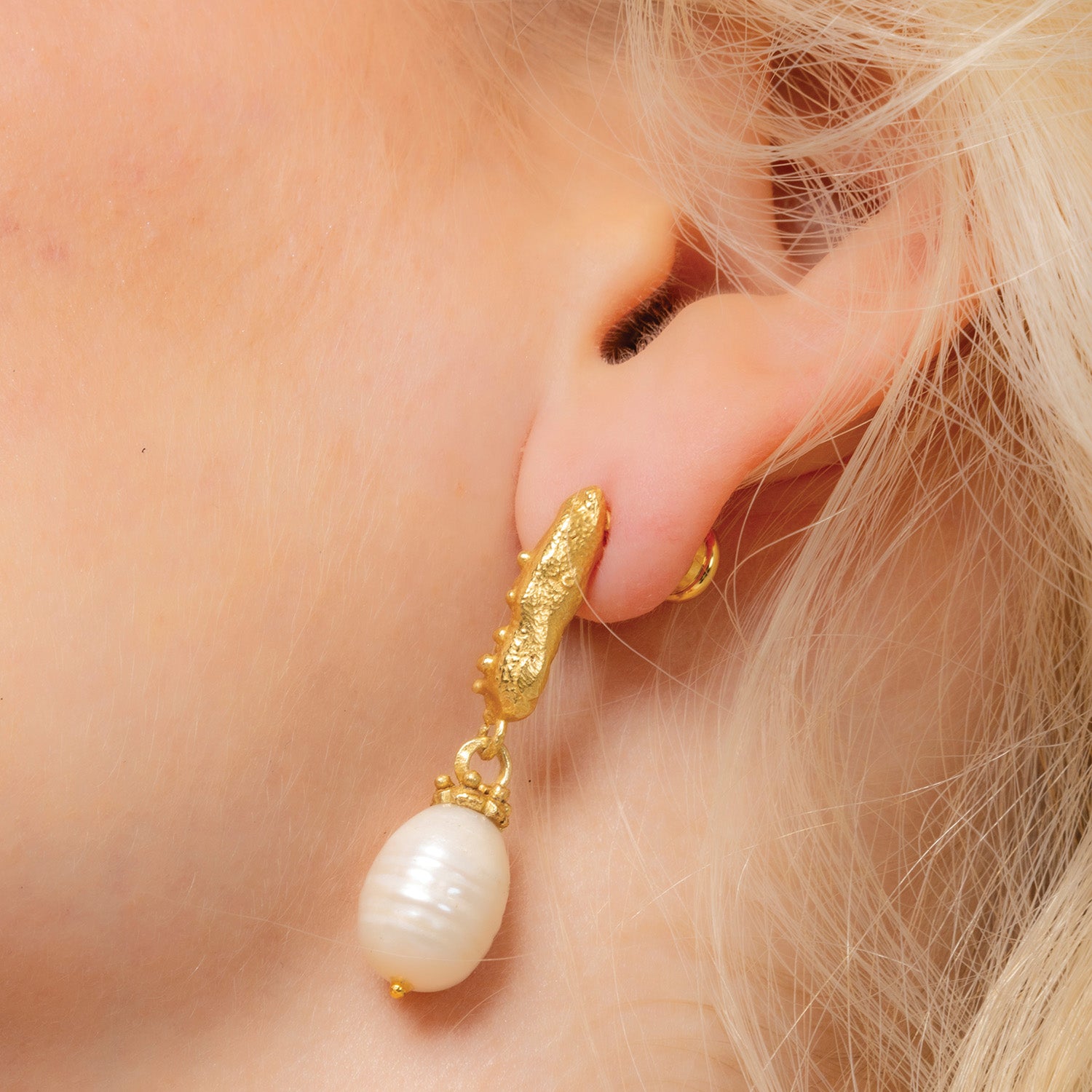 Close model image of Pebbled Pearl Drop Earrings by arivno