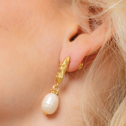 Close model image of Pebbled Pearl Drop Earrings by arivno