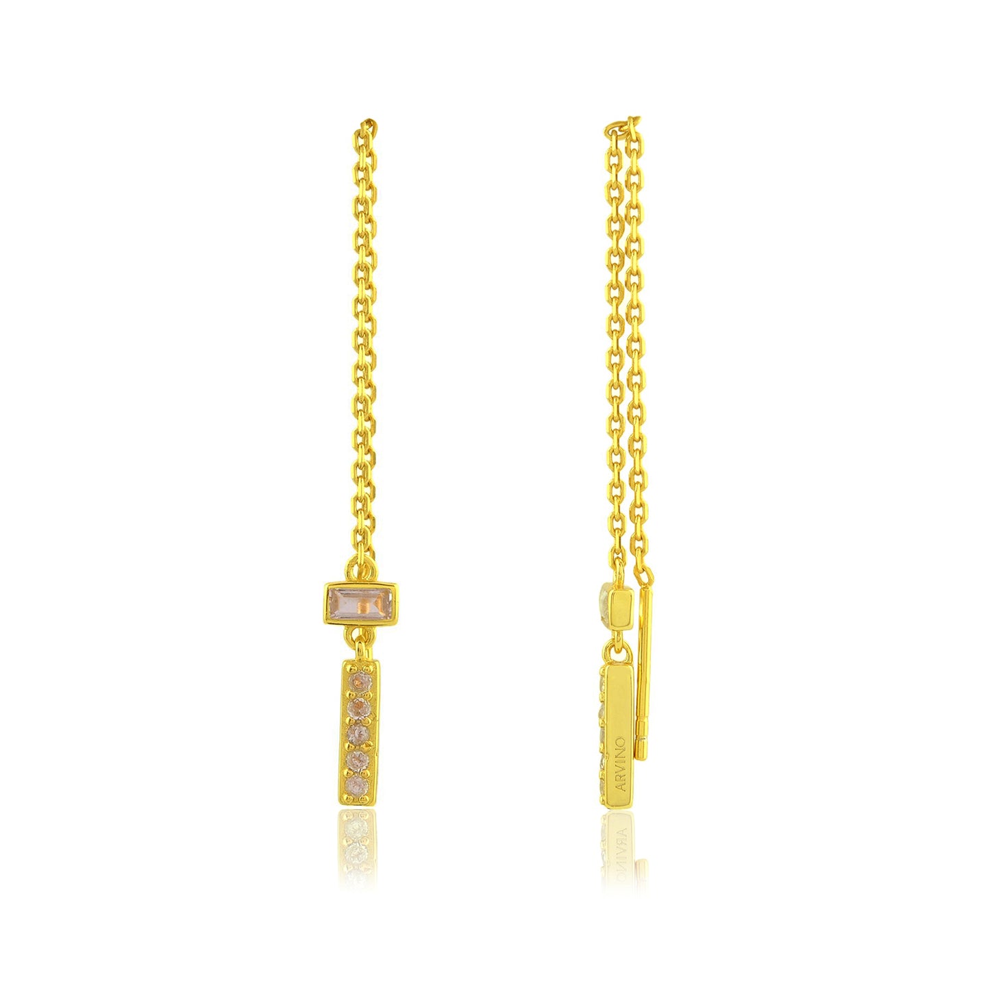 Gold chain earrings with rectangular gemstones on a white background By Arvino