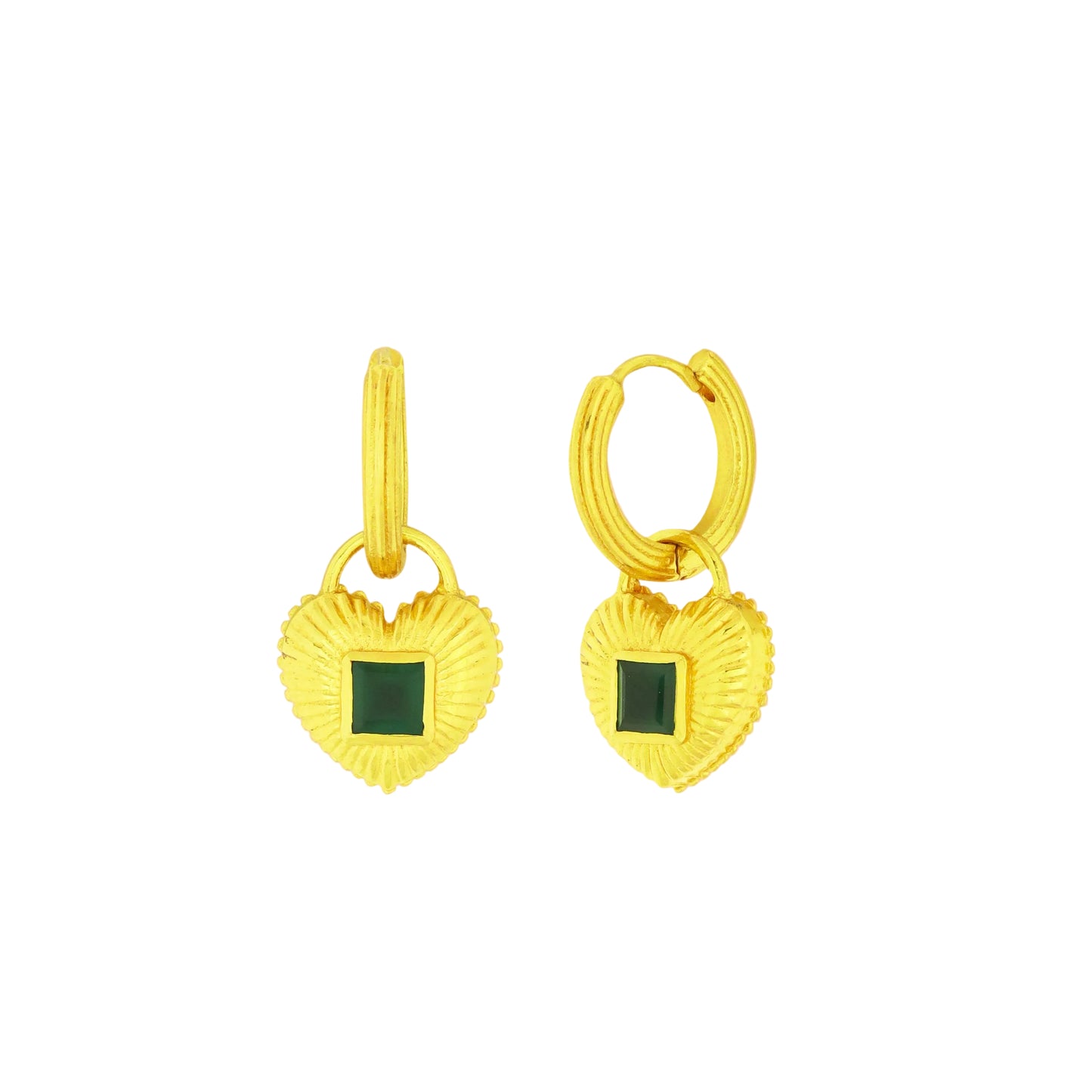 Gold  Plated heart-shaped earrings with green onyx stones on a white background