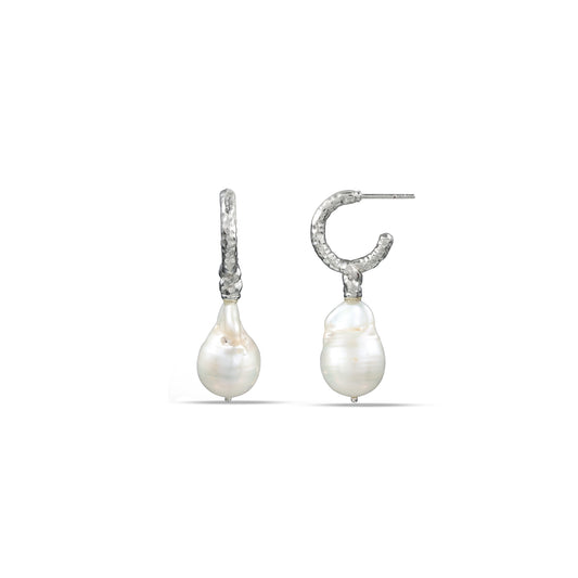 A pair of silver hoop earrings with pearl drops, featuring textured open hoops and a dangling pearl in the center.