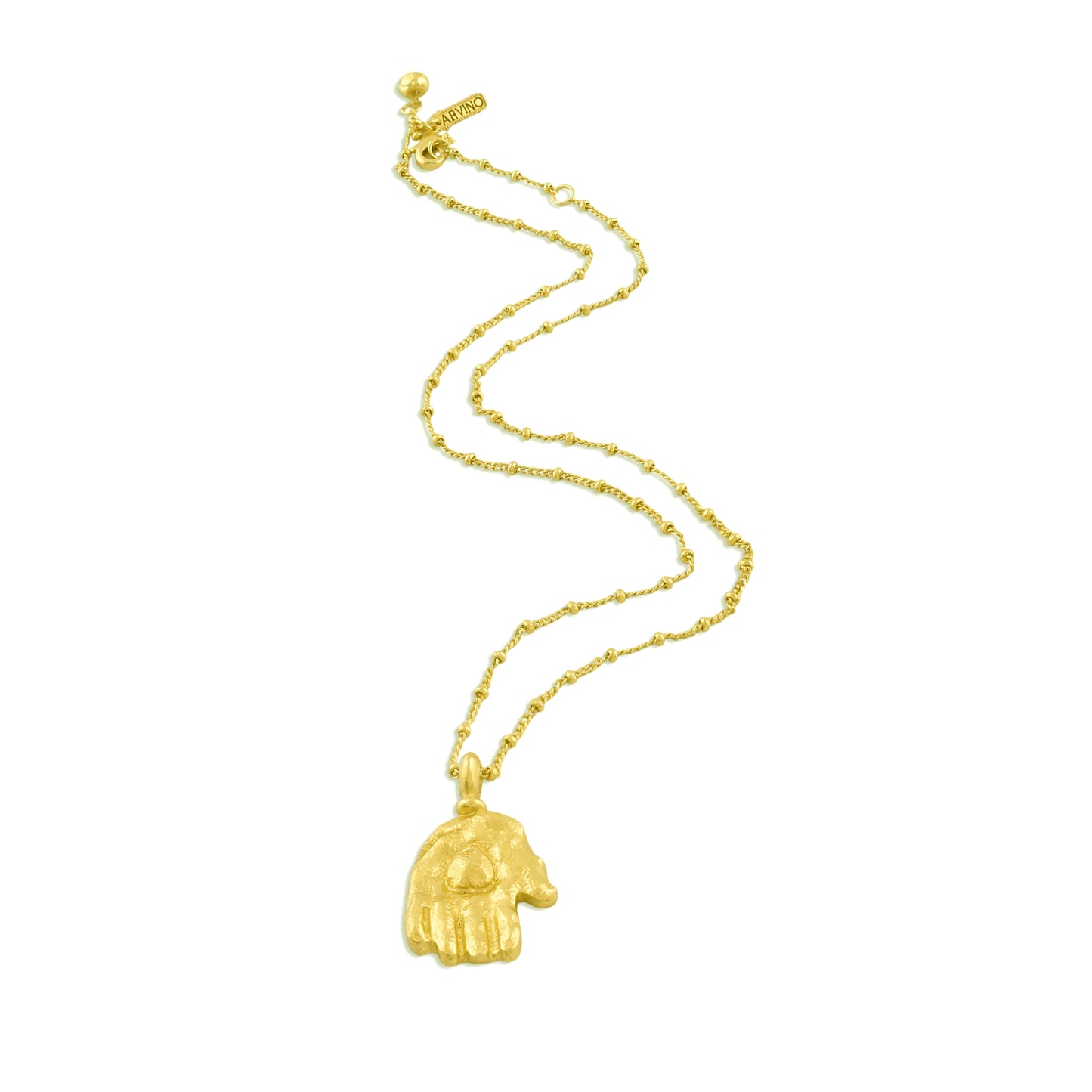 Gold plated Necklace By Arvino Which has a sacred Hand on a white background
