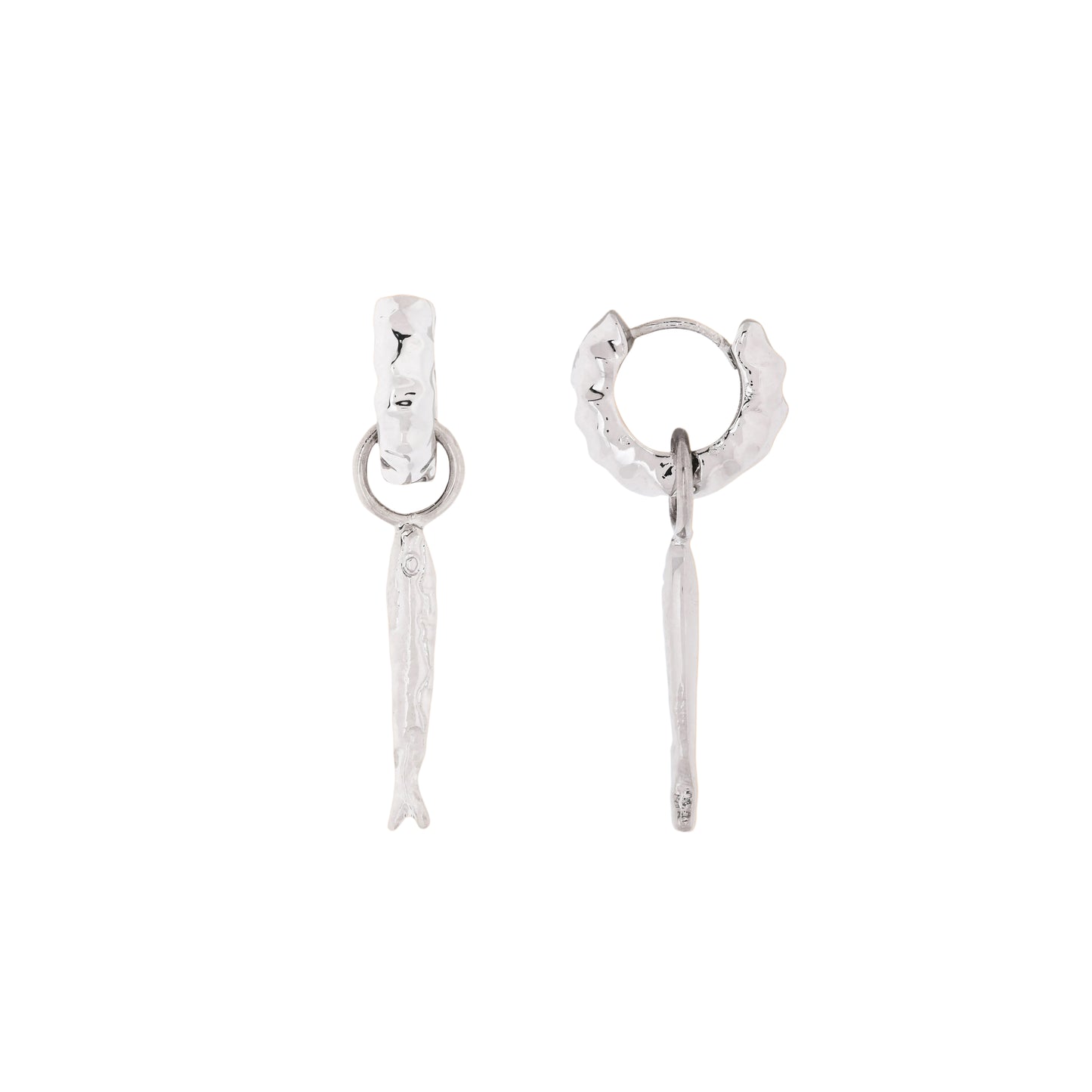 Pair of silver hoop earrings with dangling Fish  on a White background