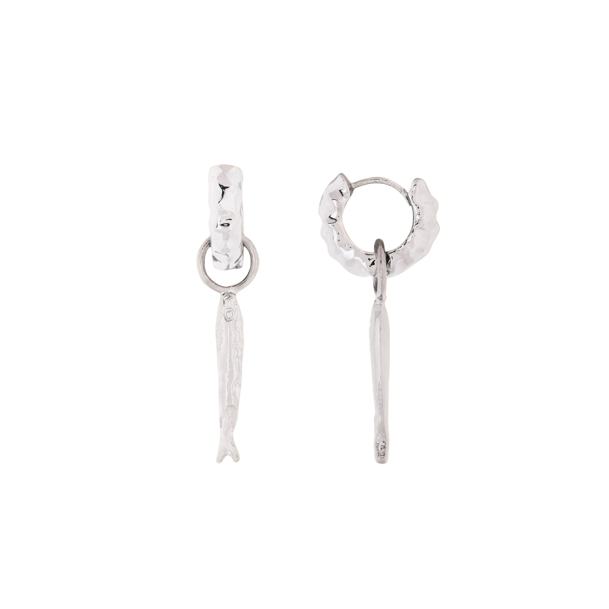 Pair of silver hoop earrings with dangling Fish  on a White background