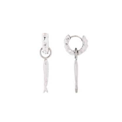 Pair of silver hoop earrings with dangling Fish  on a White background