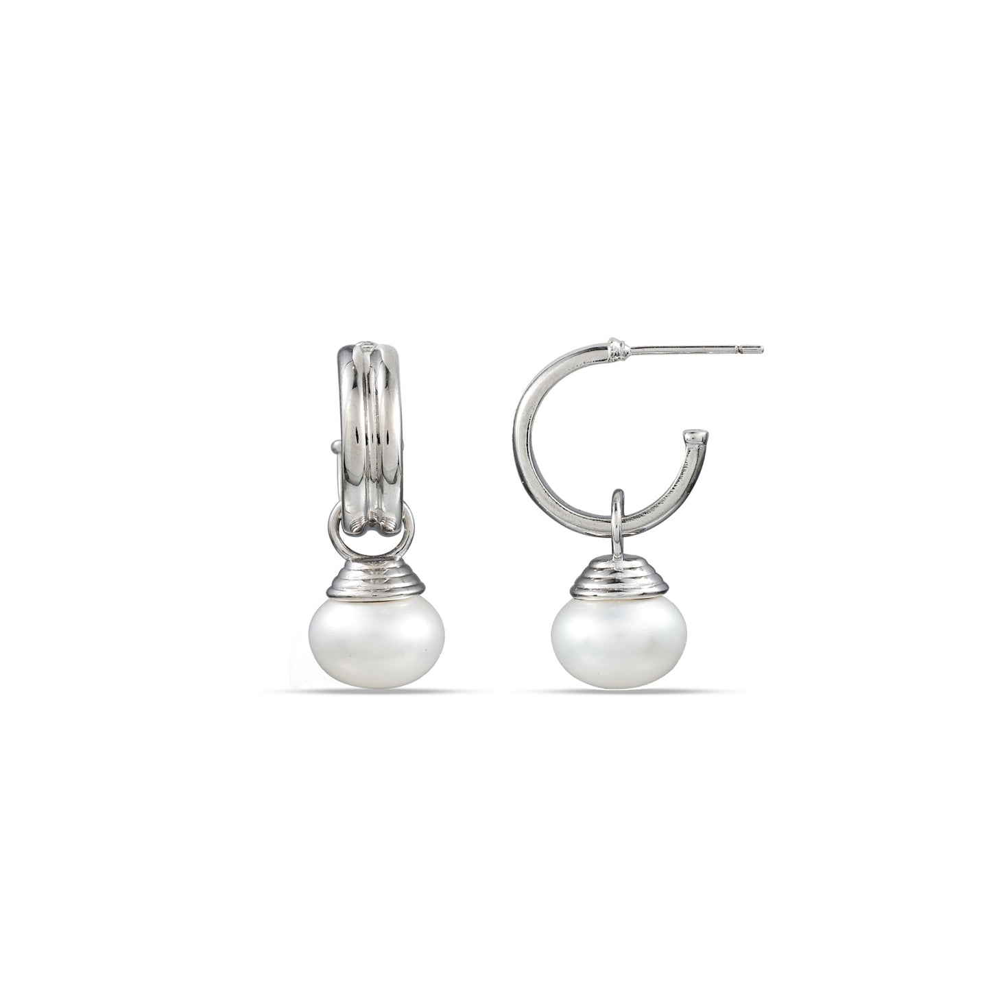 A pair of sterling silver hoop earrings with pearls attached to them, displayed against a white background.
