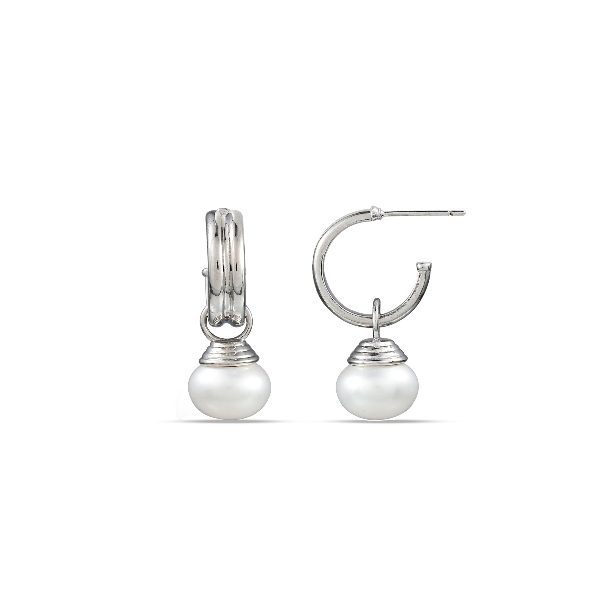 A pair of sterling silver hoop earrings with pearls attached to them, displayed against a white background.