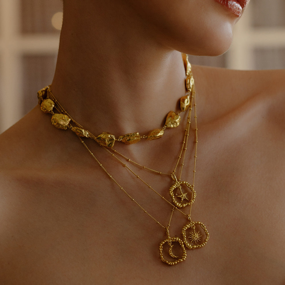 Model Stacking multiples necklace By Arvino. Premium affordable Demi fine Necklace by Arvino