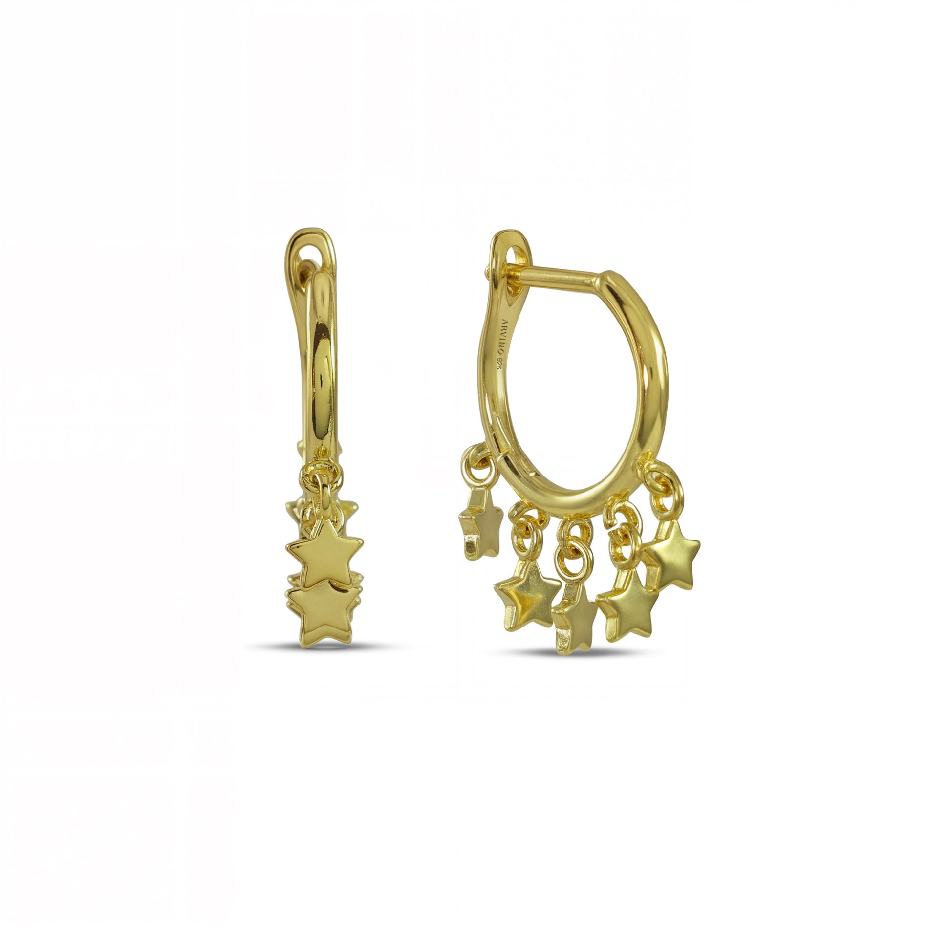 A pair of Gold Plated Hoop earrings with dangling star charms.