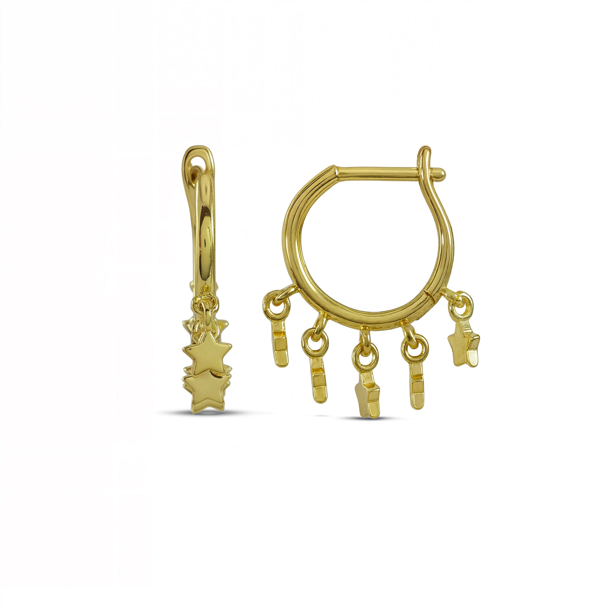A pair of hoop earrings with dangling star on bottoms by arvino on a white background