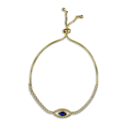 A gold-Plated adjustable bracelet featuring a central evil eye charm with a blue sapphire in the middle, surrounded by smaller clear stones.