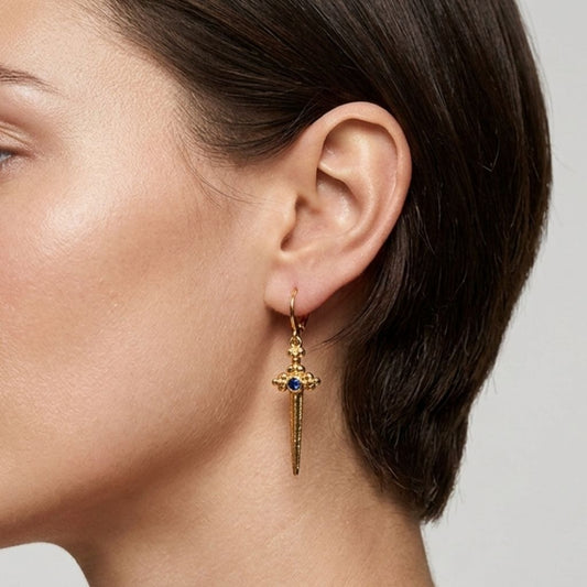 Dagger Drop Earrings with Blue Stone in 92.5 Sterling Silver