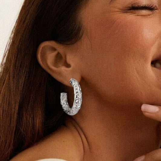 Etched Raw Silver Hoops Mini