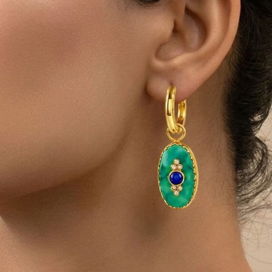 Natural Turquoise and Lapis Evil Eye Huggie Earrings