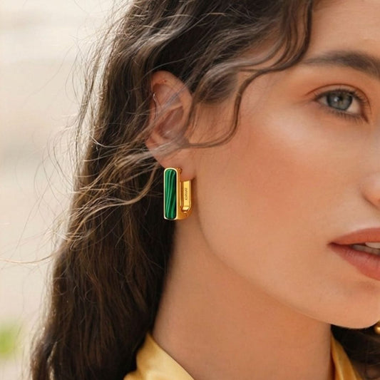 Gold Plated Malachite Bar Huggie Earrings