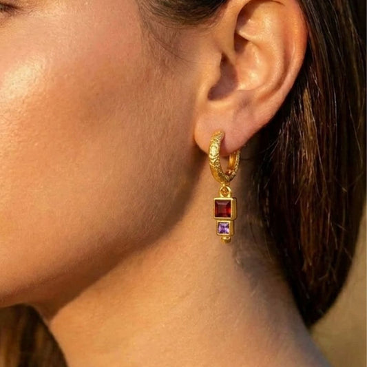 Gold Plated Garnet Amethyst Geometric Drop 92.5 Sterling Silver Earrings