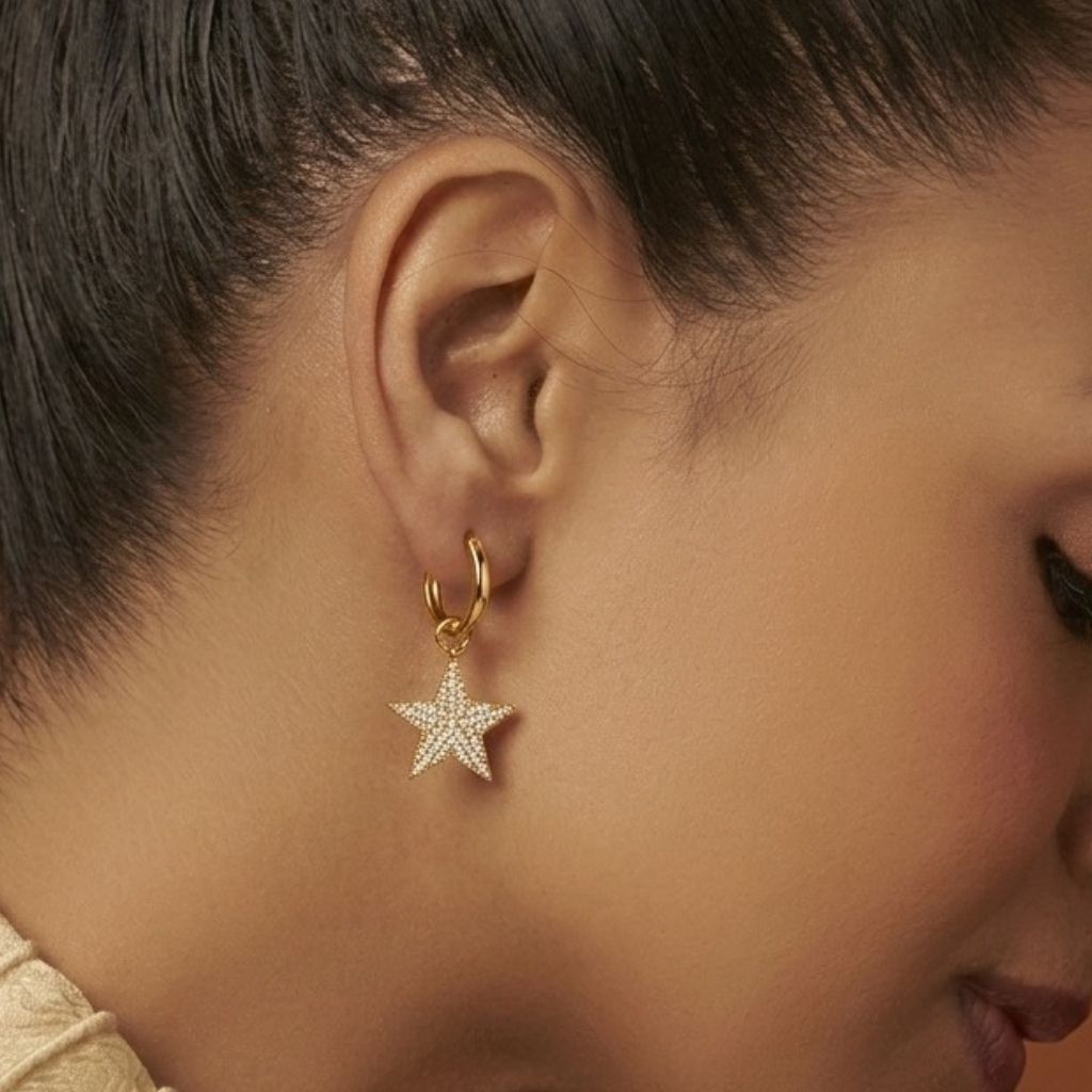 Gold Plated Crystal Pavé Star Charm 92.5 Sterling Silver Hoop Earrings