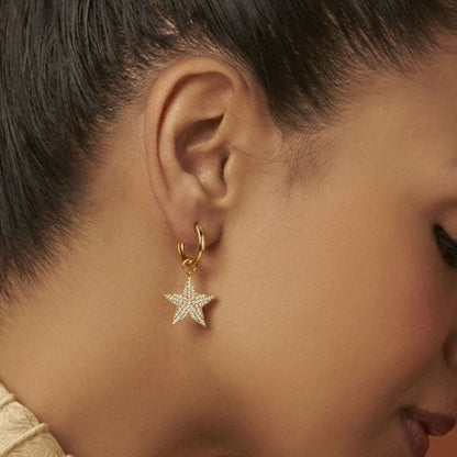 Gold Plated Crystal Pavé Star Charm 92.5 Sterling Silver Hoop Earrings
