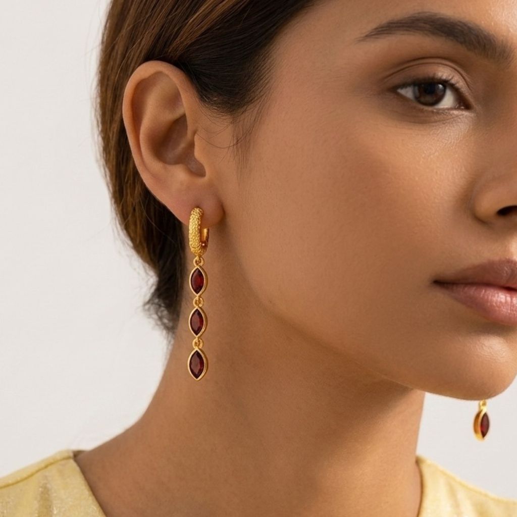 Gold Plated Garnet Triple Drop 92.5 Sterling Silver Earrings