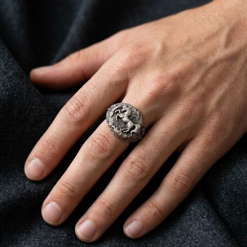 Running Horse Emblem Ring in 925 Sterling Silver