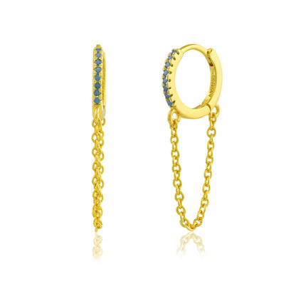 White background shot of Turquoise Chained Huggies Earrings by arvino.22kt Gold plated Earrings