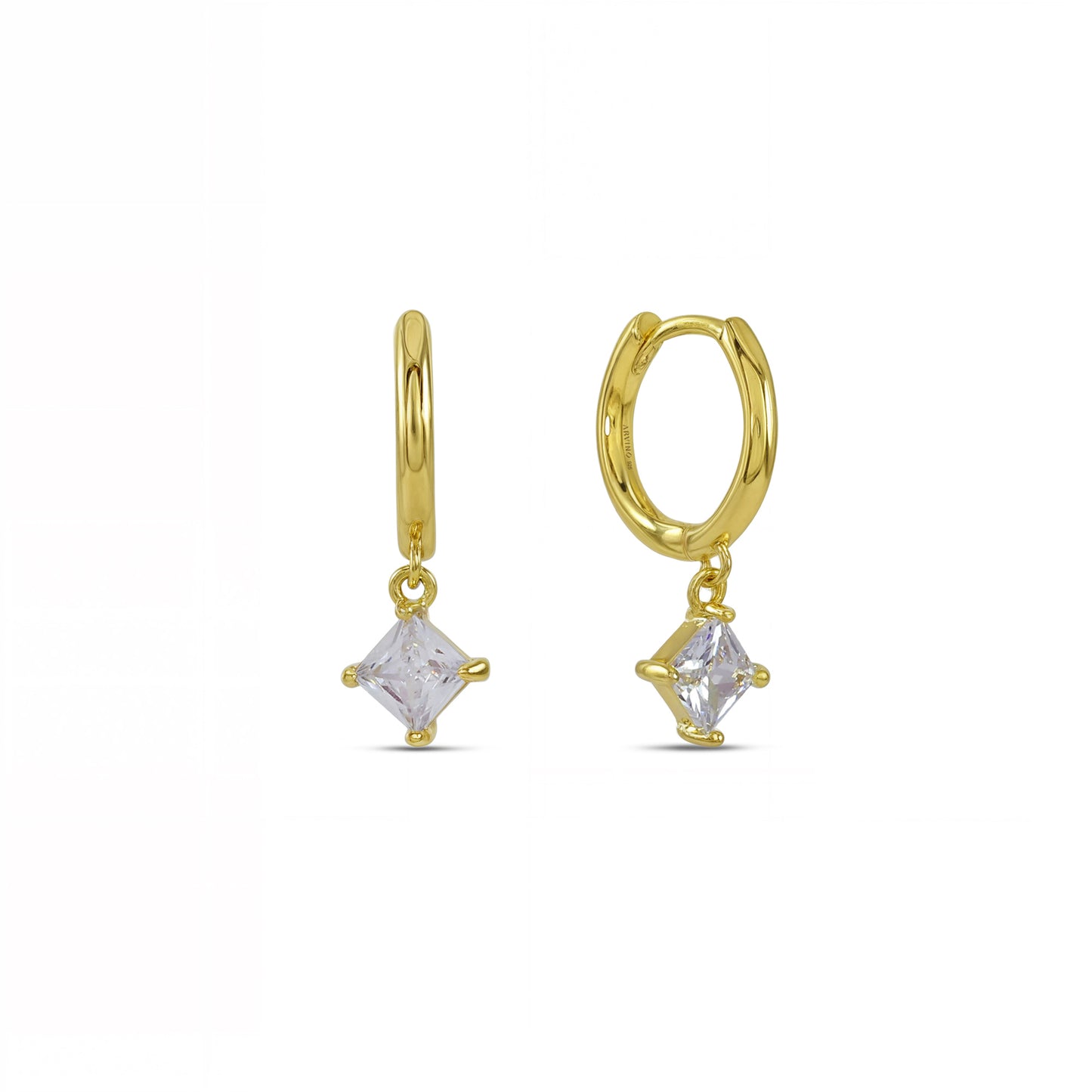 A pair of gold-plated sterling silver hoop earrings with square crystal embellishments.