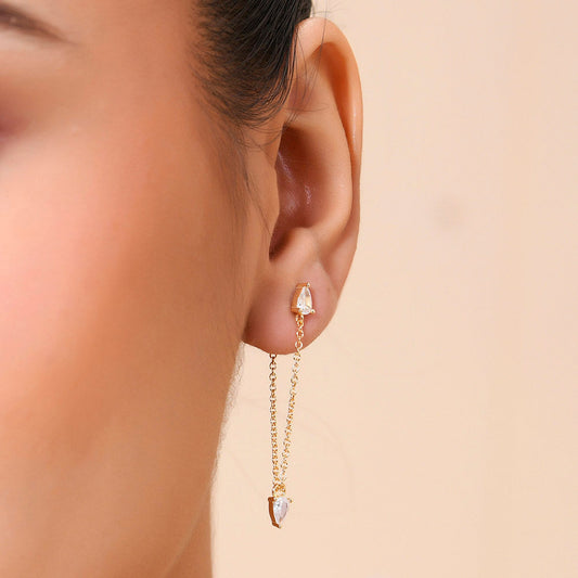 A close-up image of a woman's ear wearing a gold-Plated earring with a Zircon at the end.