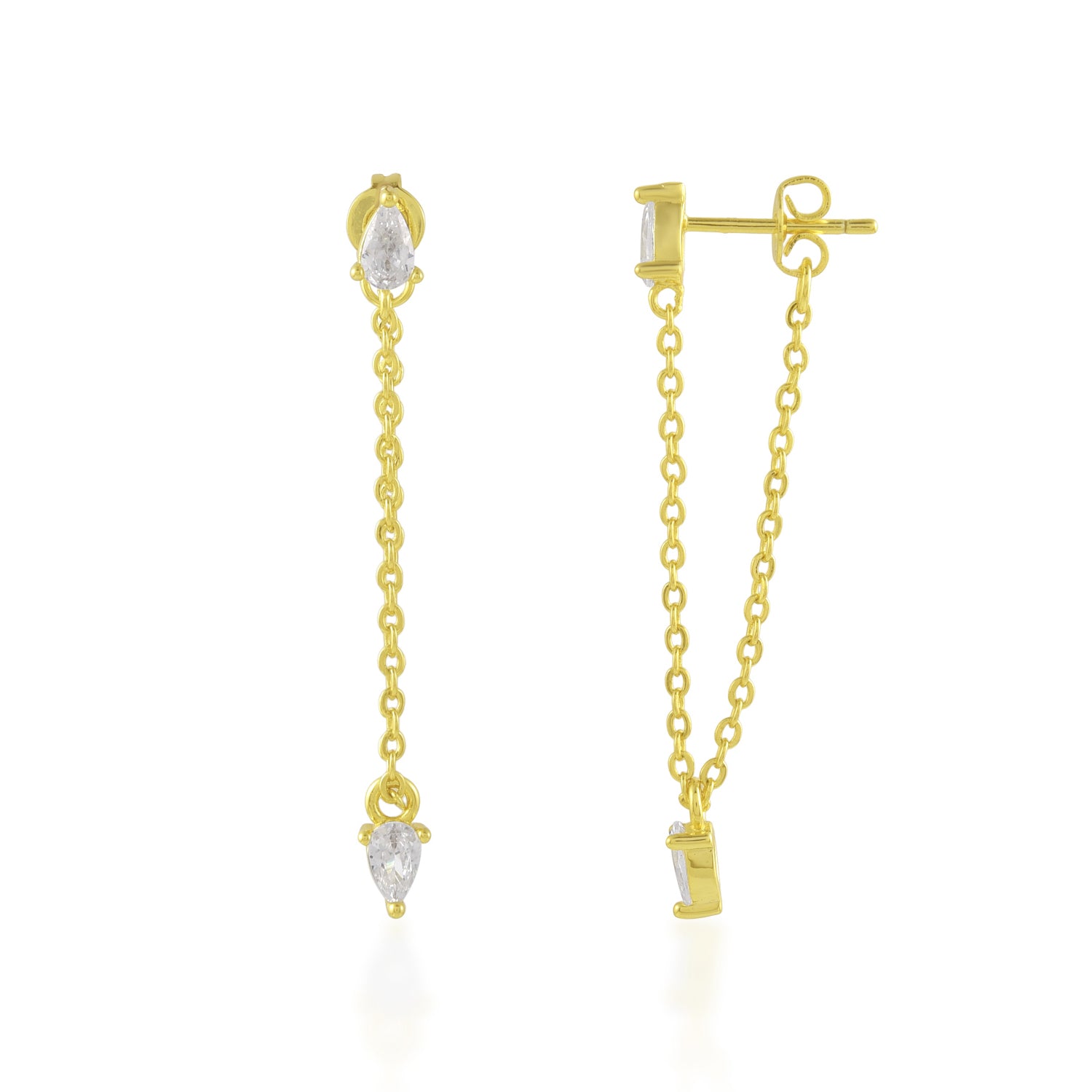Gold Plated earrings with teardrop-shaped zircon on a white background