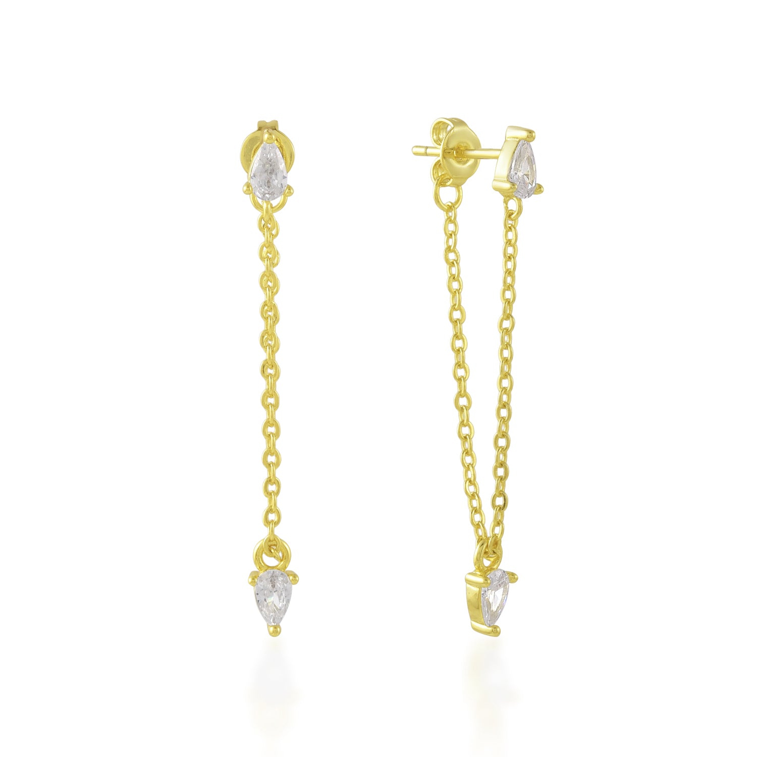 Gold Plated threader earrings with pear-shaped Zircone on a white background