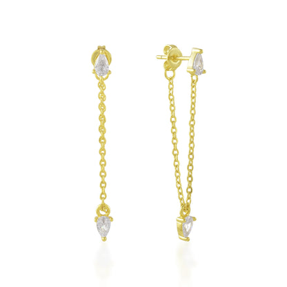 Gold Plated threader earrings with pear-shaped Zircone on a white background