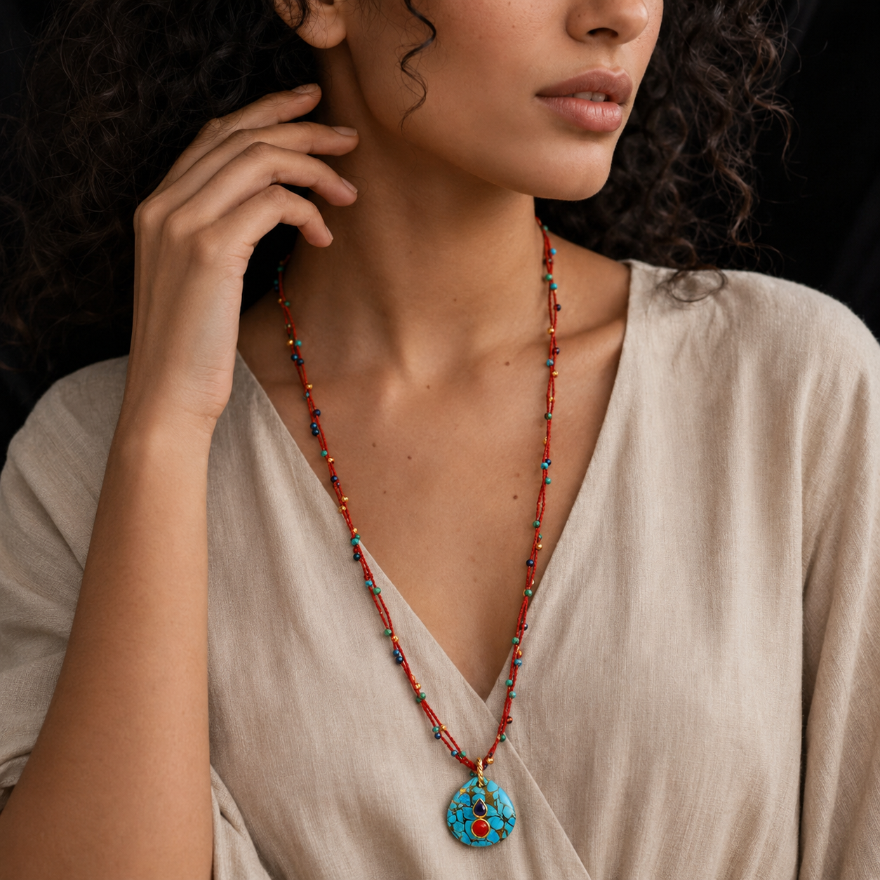 Crimson Turquoise Cord Pendant Necklace