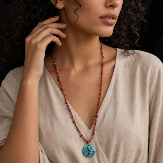 Crimson Turquoise Cord Pendant Necklace