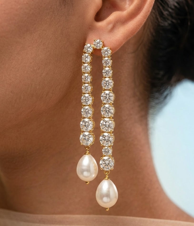 Crystal & Pearl Tennis Drop Earrings